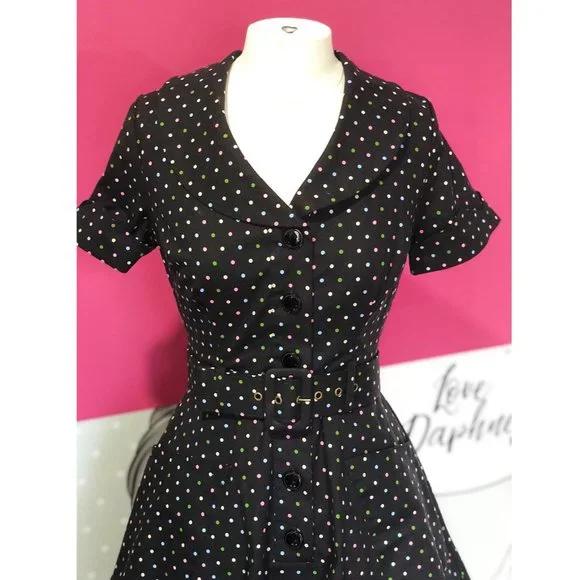 1950s Black and Multicolor Polka Dots Brette Swing Dress - Picture 4 of 8